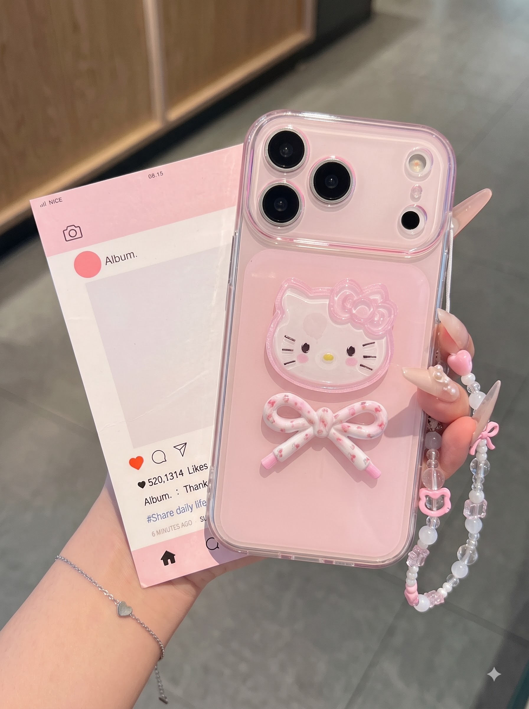Ốp Lưng Iphone Hello Kitty Kẹo Ngọt Nơ 3D – Viền Camera Chống Sốc