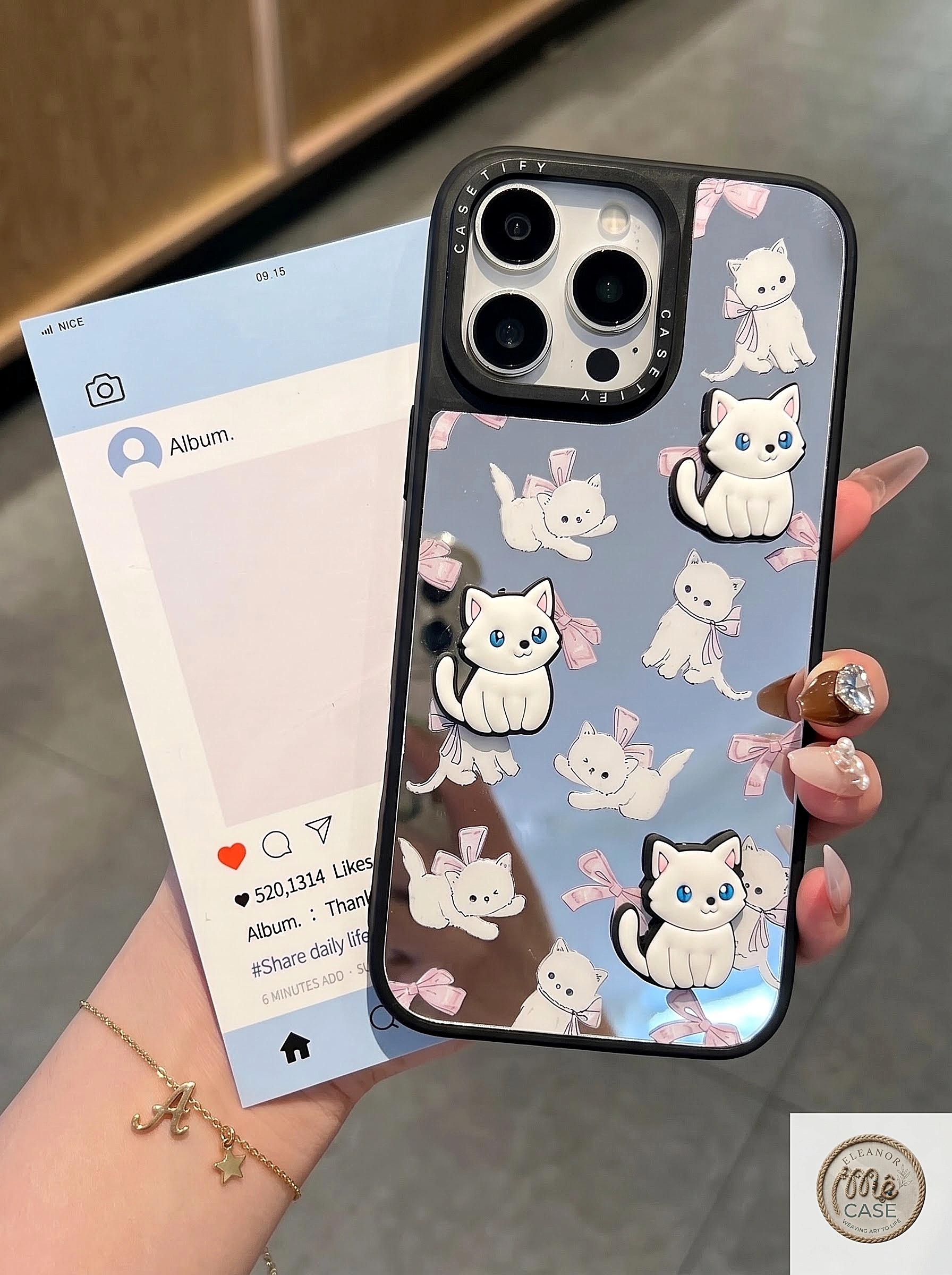 Ốp lưng iPhone tráng gương đính charm Mèo Trắng 3D nơ hồng kèm dây đeo ngọc trai