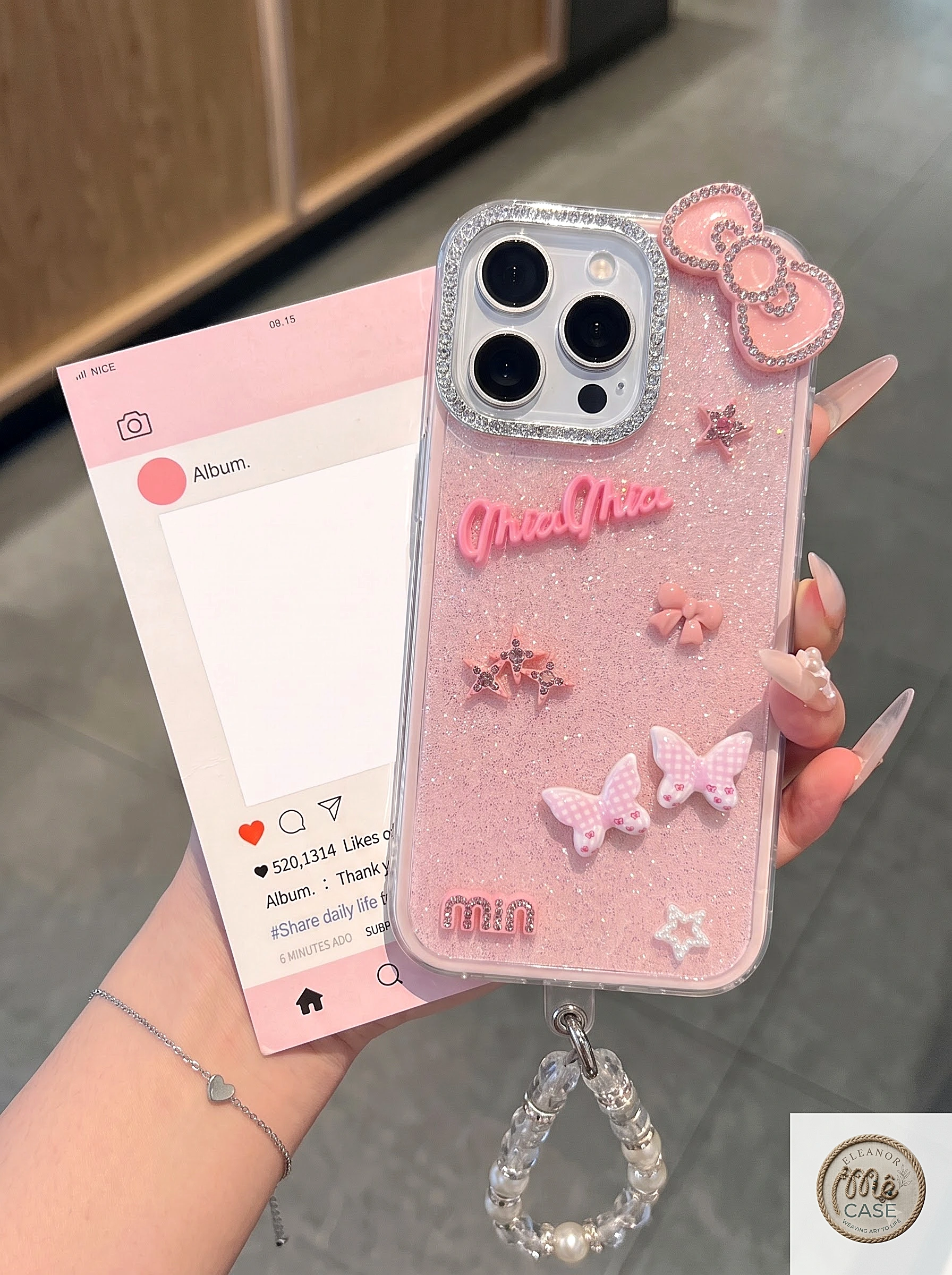 MÃ 84. Ốp Lưng iPhone Hồng Nhũ Nơ Xinh Bling Bling