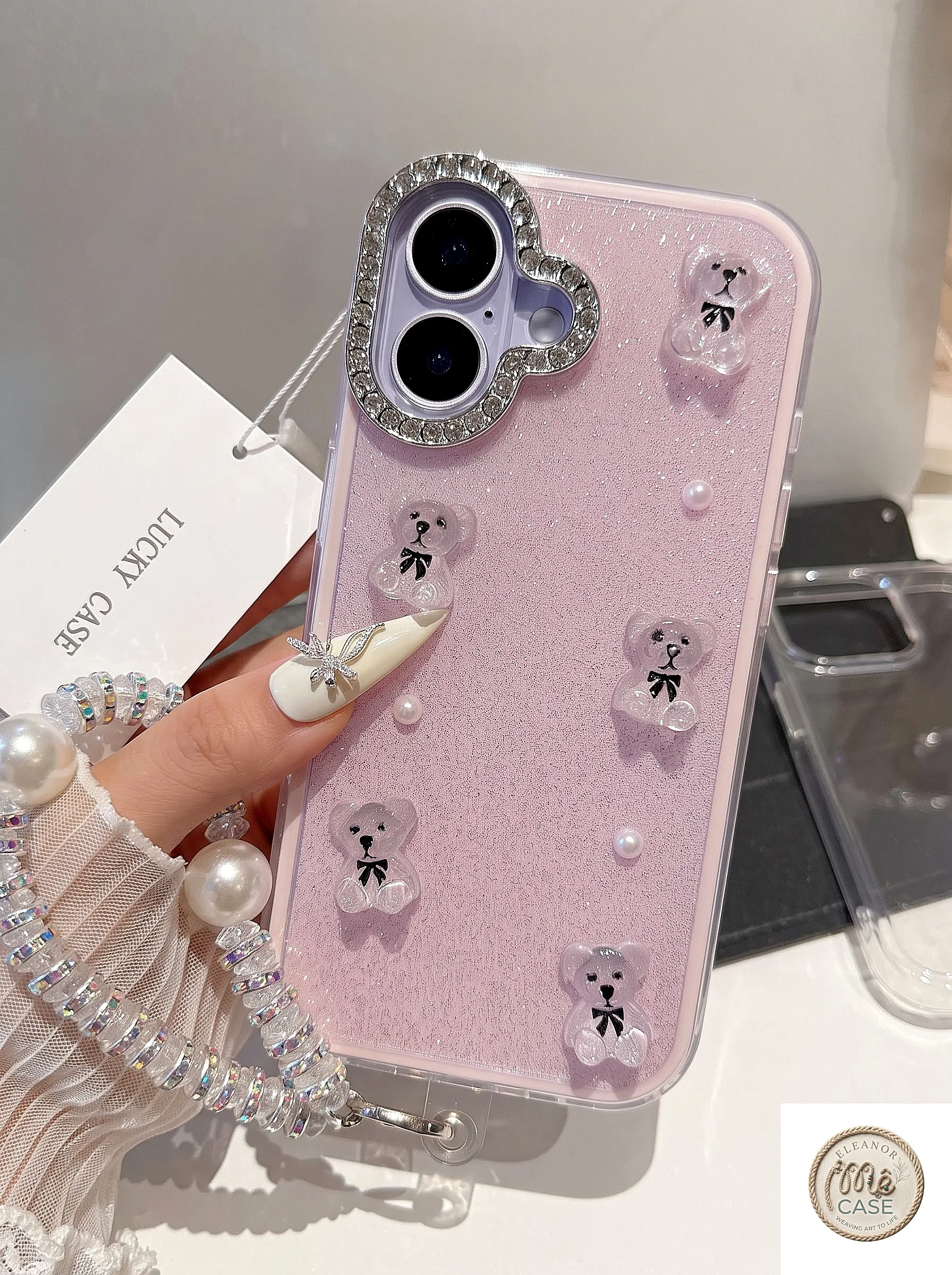 ỐP LƯNG IPHONE GẤU PHA LÊ LẤP LÁNH SIÊU CUTE PHONG CÁCH TIỂU THƯ- KÈM DÂY 🎀🐻✨