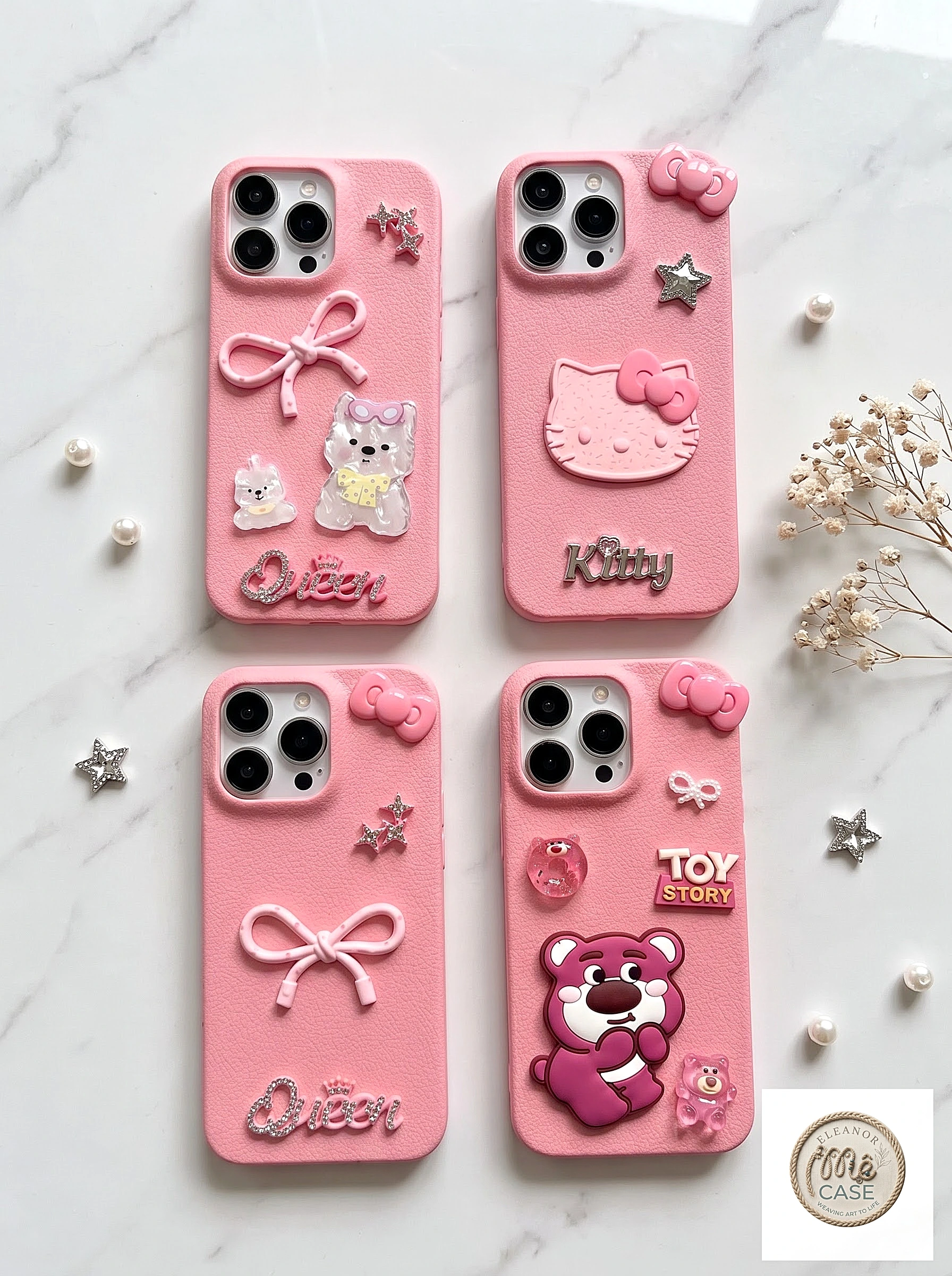 Ốp Lưng iPhone Da Vân Pink Luxury Gắn Charm