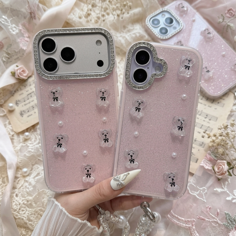 ỐP LƯNG IPHONE GẤU PHA LÊ LẤP LÁNH SIÊU CUTE PHONG CÁCH TIỂU THƯ- KÈM DÂY 🎀🐻✨