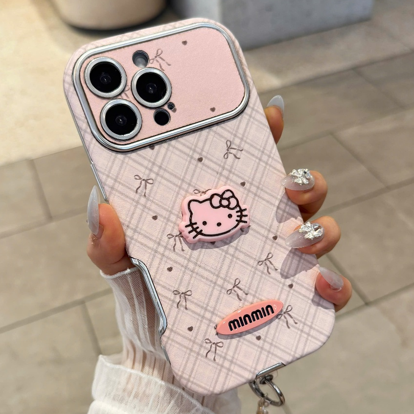Combo Ốp Lưng IPHONE Caro Nơ Hồng Và Mèo Kitty Vintage Pink Bow Plaid Case