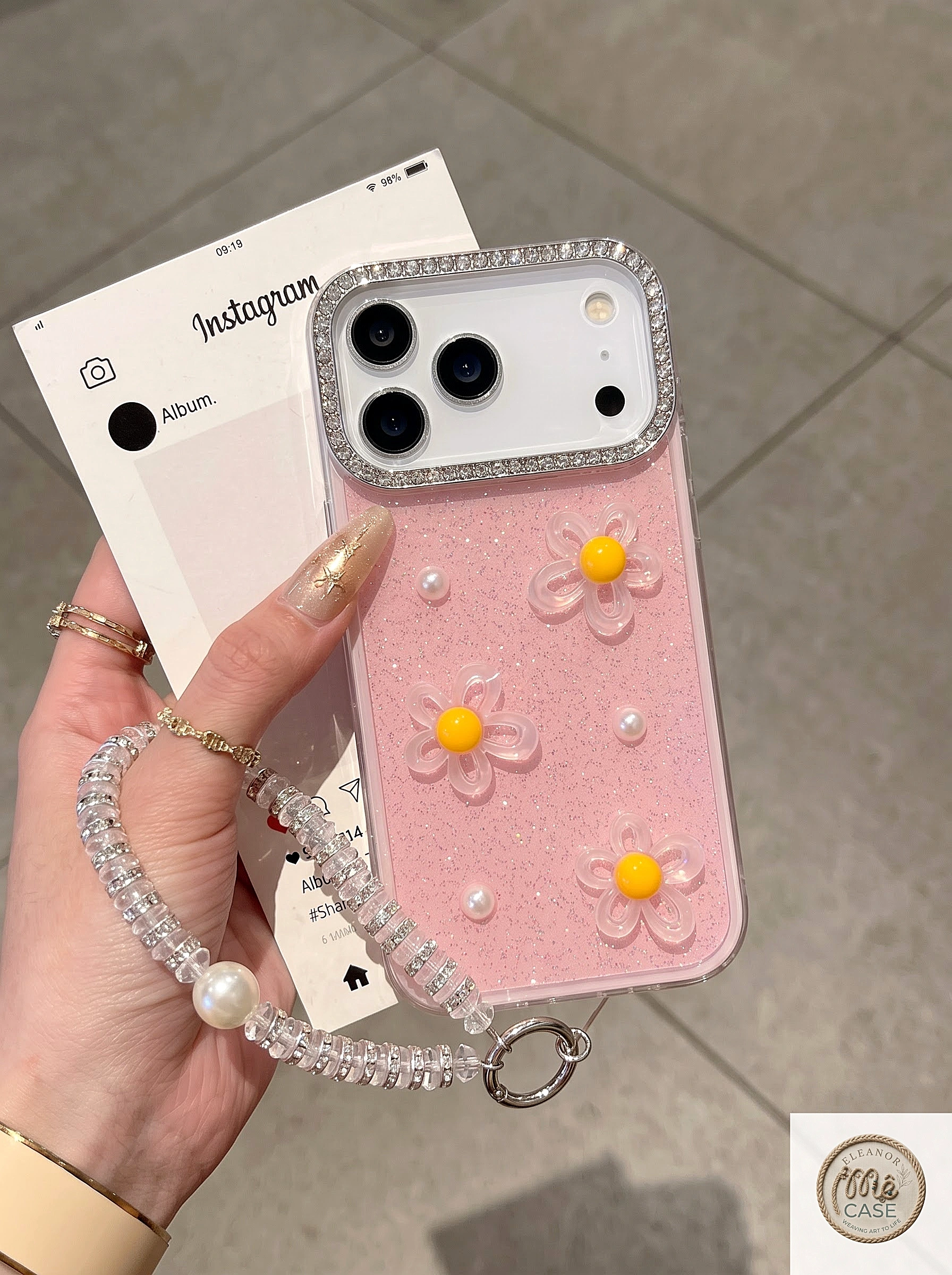Ốp Lưng Iphone_ Ốp Viền Cam Đính Đá Gắn Charm Hoa