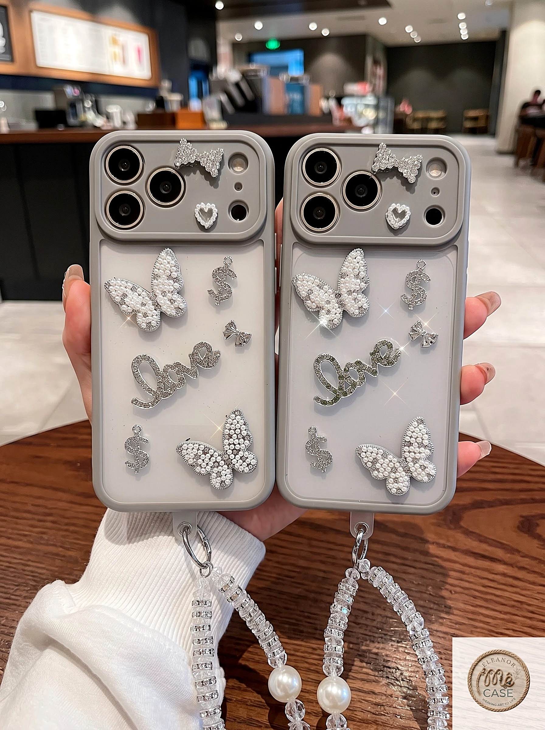 [Kèm Dây Đeo Hạt Ngọc] Ốp Lưng iPhone MÊ CASE Đính Charm Bướm Bạc Phối Đá Lấp Lánh Siêu Sang