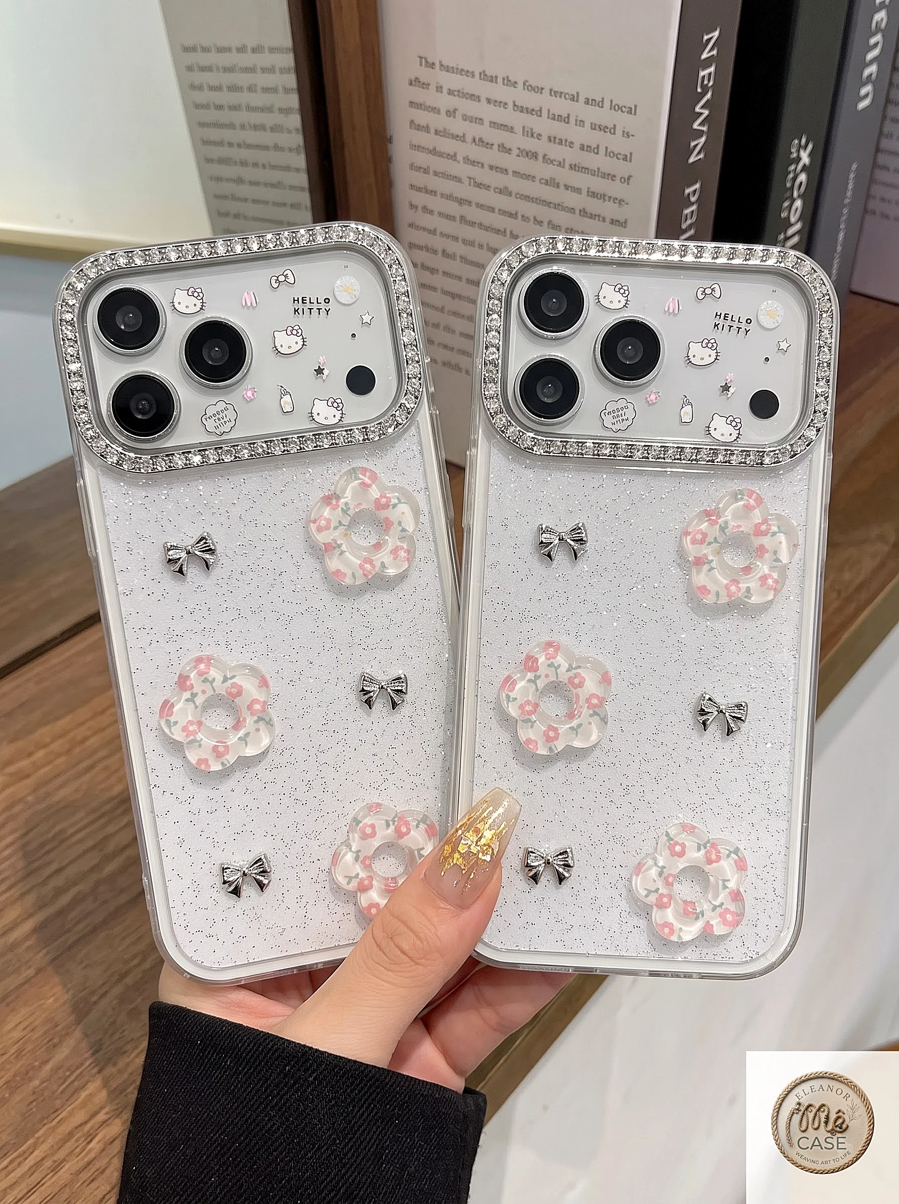 MÃ 82. Ốp Lưng Iphone Nhũ Lấp Lánh Đính Hoa Trà & Nơ Bạc Sang Trọng