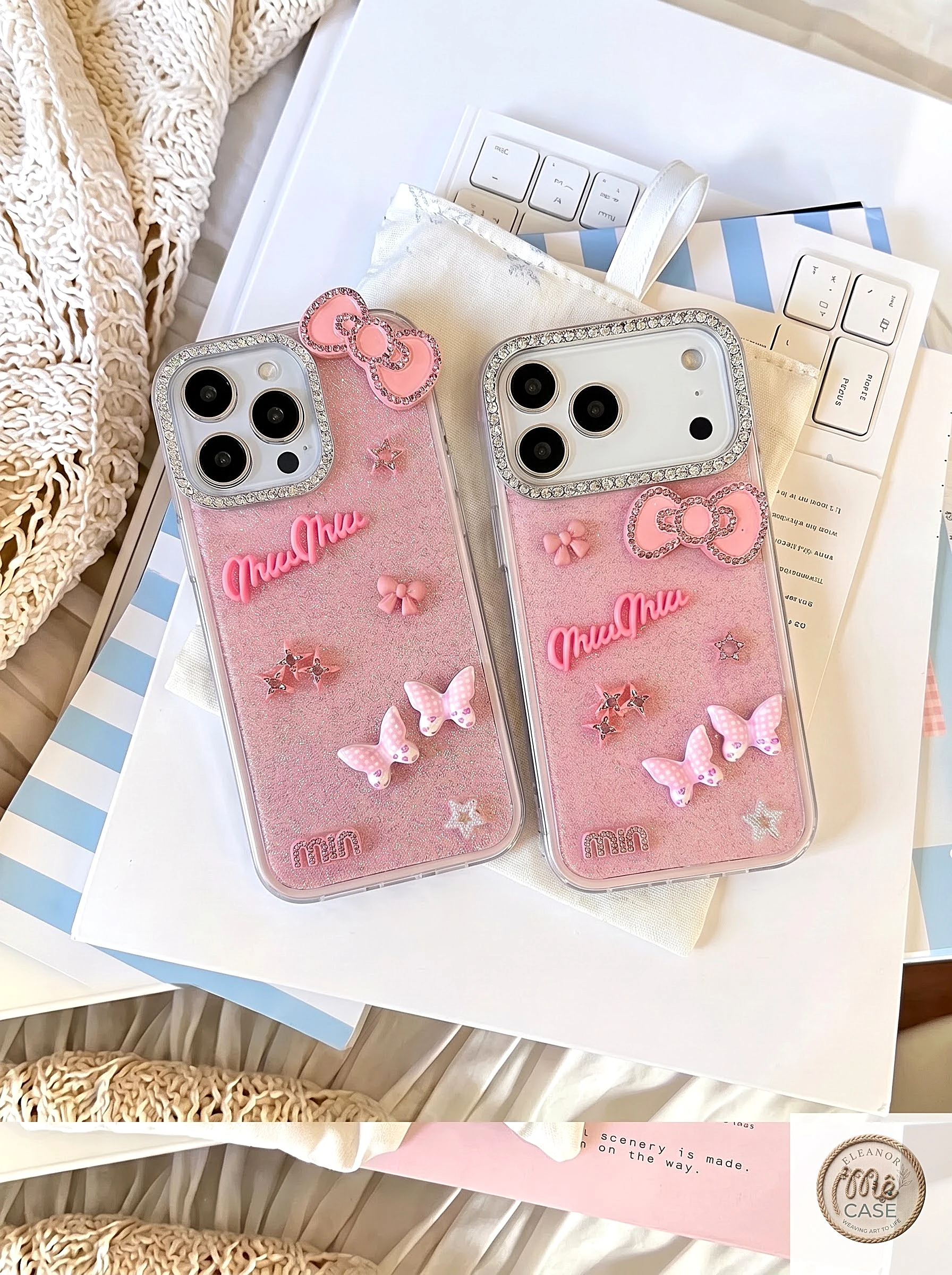 MÃ 84. Ốp Lưng iPhone Hồng Nhũ Nơ Xinh Bling Bling