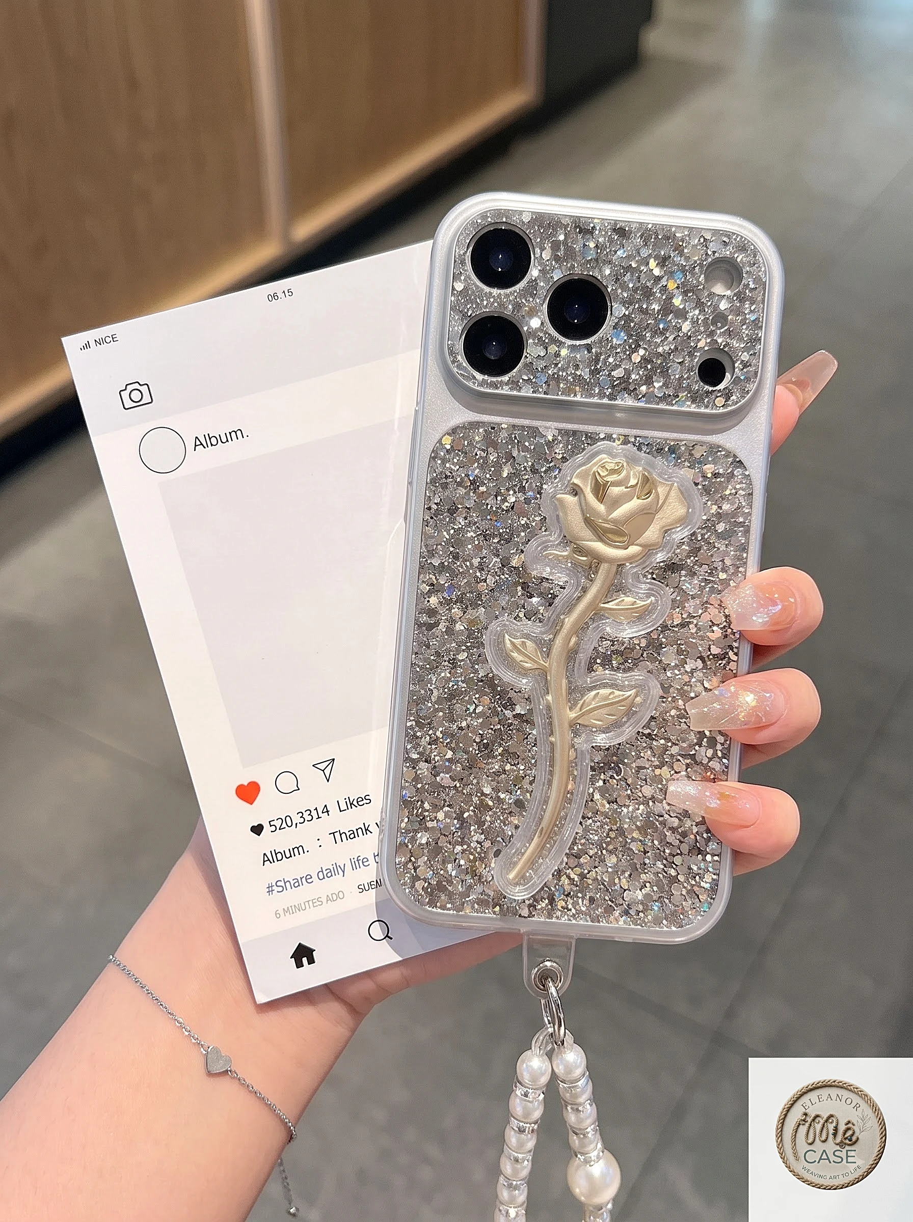 Ốp Lưng iPhone Hoa Hồng Ánh Kim Lấp Lánh Luxury