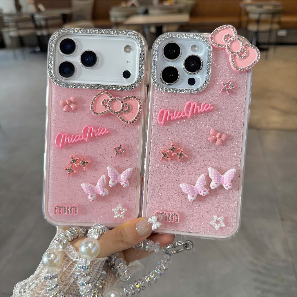 Ốp Lưng iPhone Hồng Nhũ Nơ Xinh Bling Bling