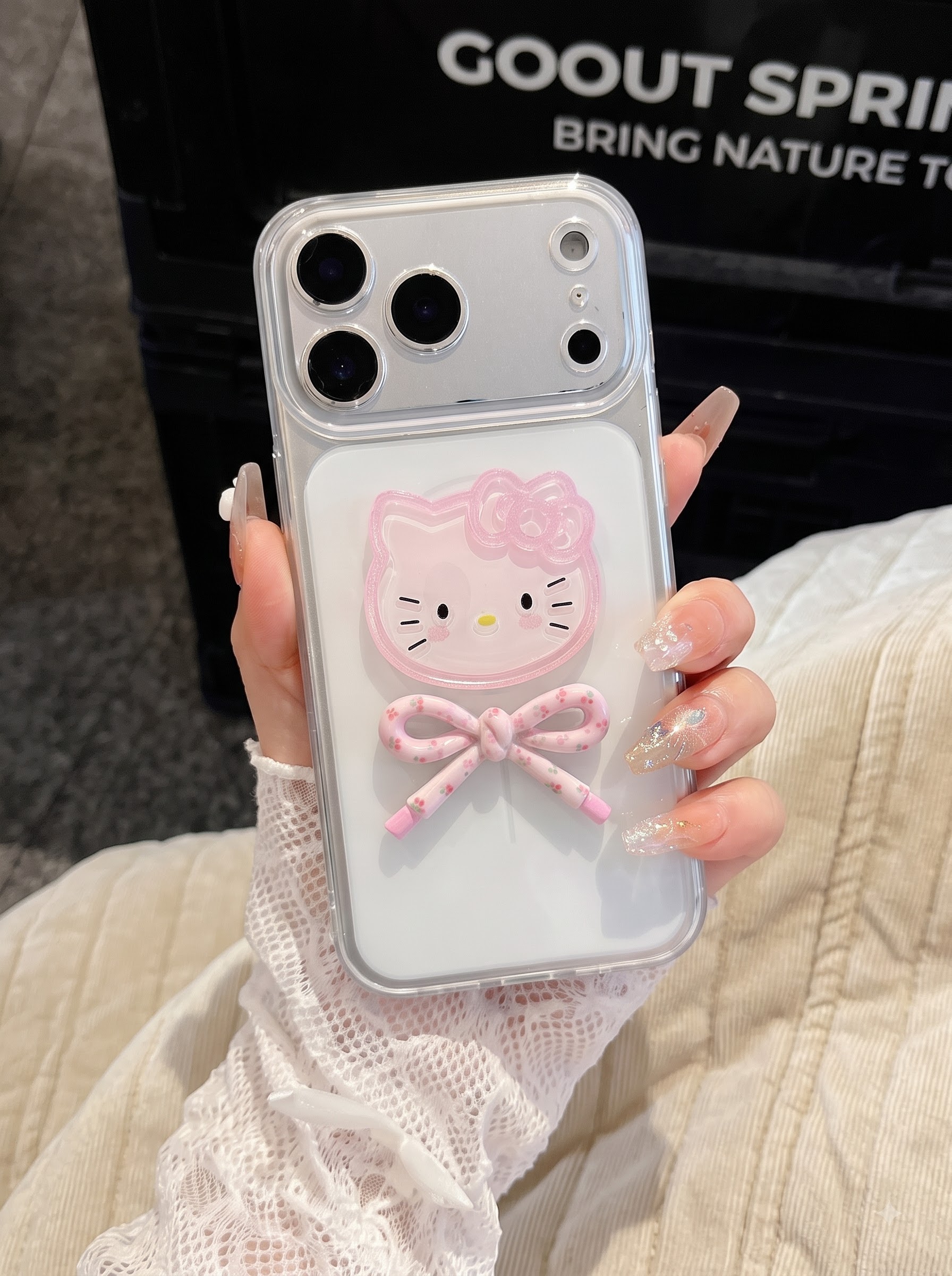 Ốp Lưng Iphone Hello Kitty Kẹo Ngọt Nơ 3D – Viền Camera Chống Sốc