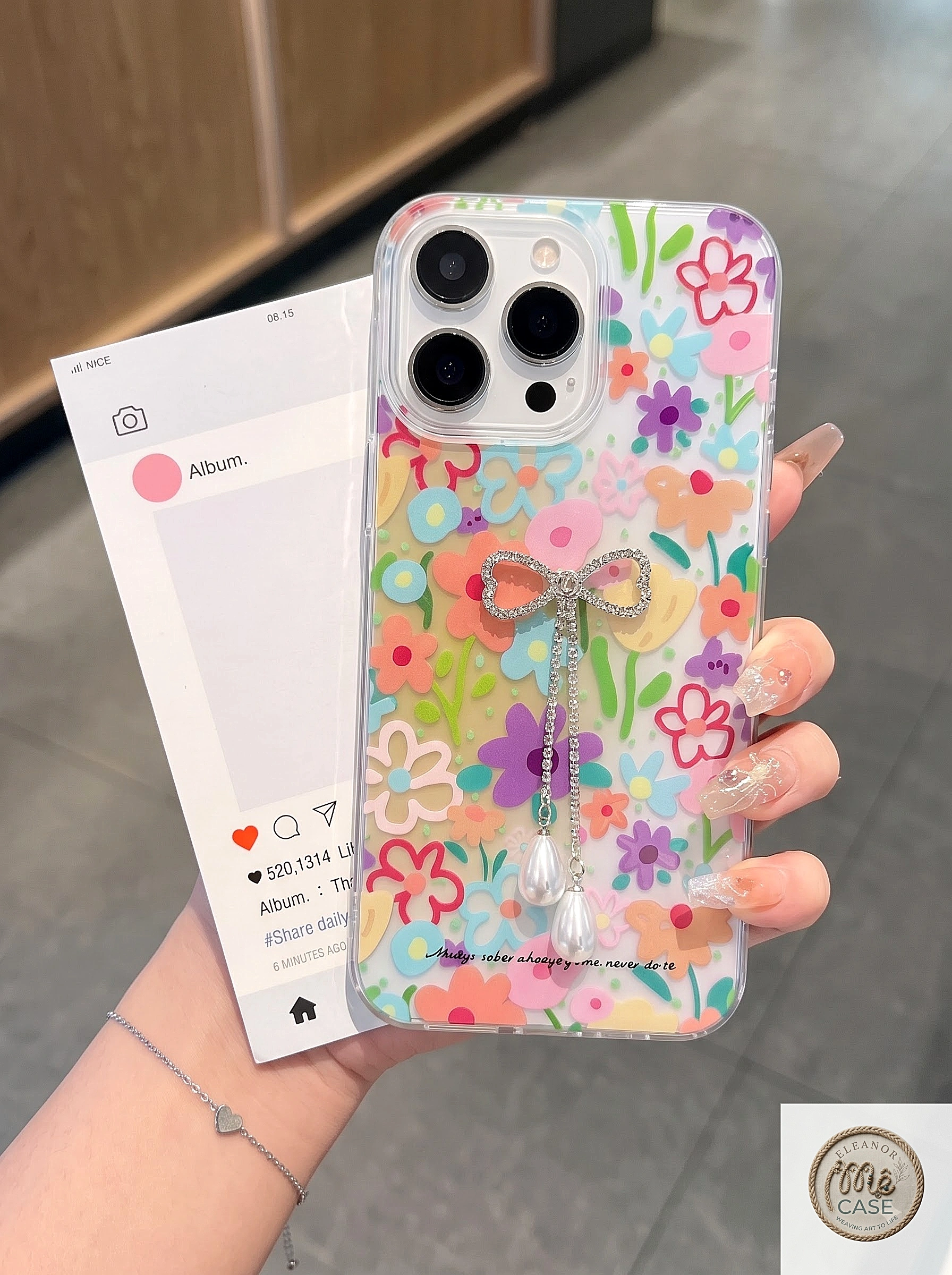 MÃ 45. Ốp Lưng Iphone Hoa Rực Rỡ Đính Nơ Dây Ngọc