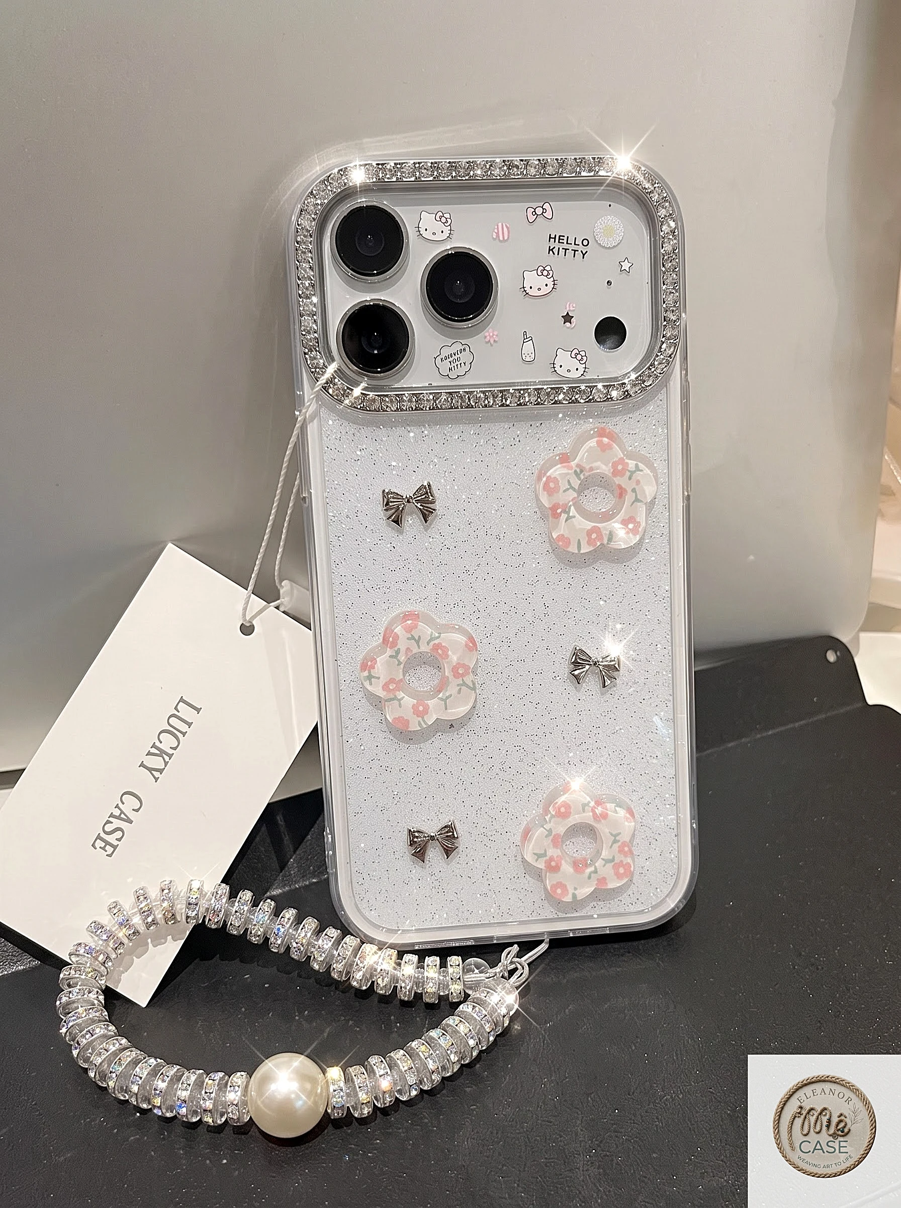 MÃ 82. Ốp Lưng Iphone Nhũ Lấp Lánh Đính Hoa Trà & Nơ Bạc Sang Trọng