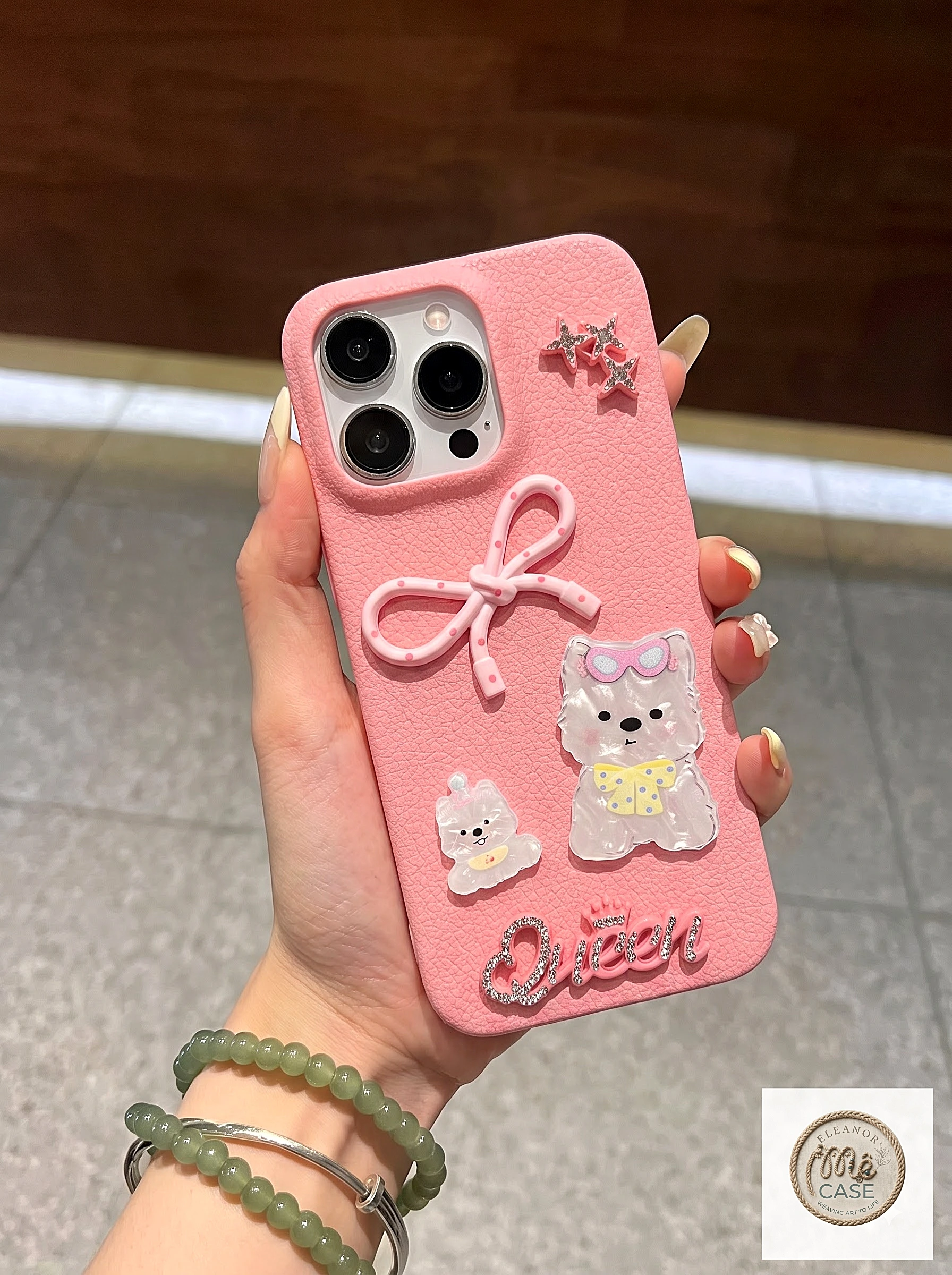 Ốp Lưng iPhone Da Vân Pink Luxury Gắn Charm