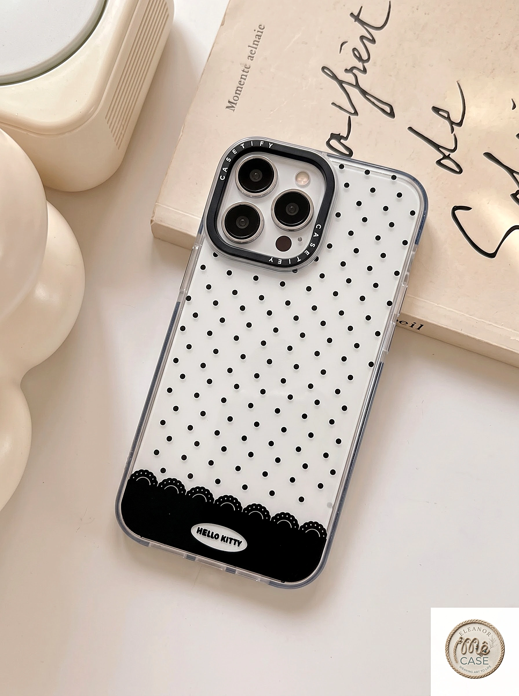 Ốp Lưng Iphone Hello Kitty Chấm Bi Đen Trong Suốt