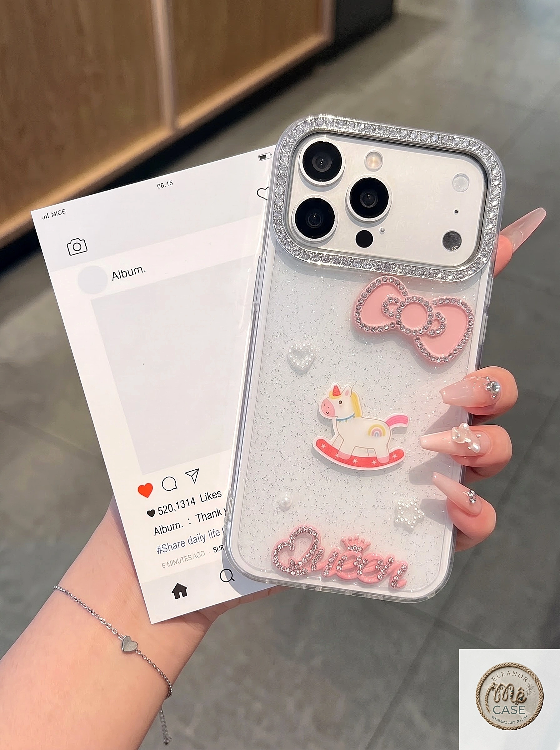 ỐP LƯNG IPHONE SWEET UNICORN QUEEN–LẤP LÁNH CÔNG CHÚA KÈM DÂY ĐEO NGỌC TRAI SANG TRỌNG 💖