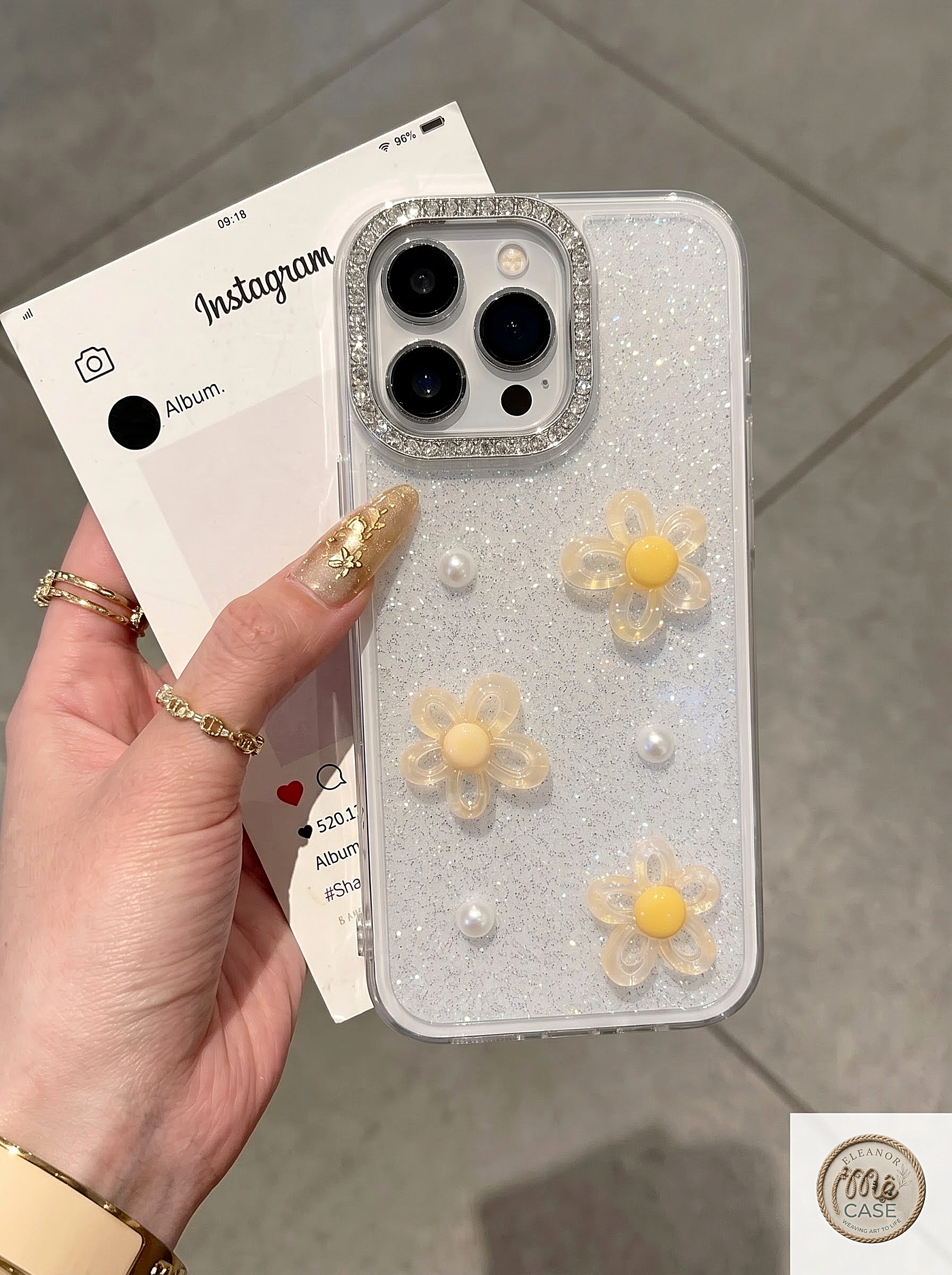 Ốp Lưng Iphone_ Ốp Viền Cam Đính Đá Gắn Charm Hoa