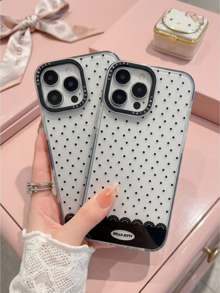 Ốp Lưng Iphone Hello Kitty Chấm Bi Đen Trong Suốt