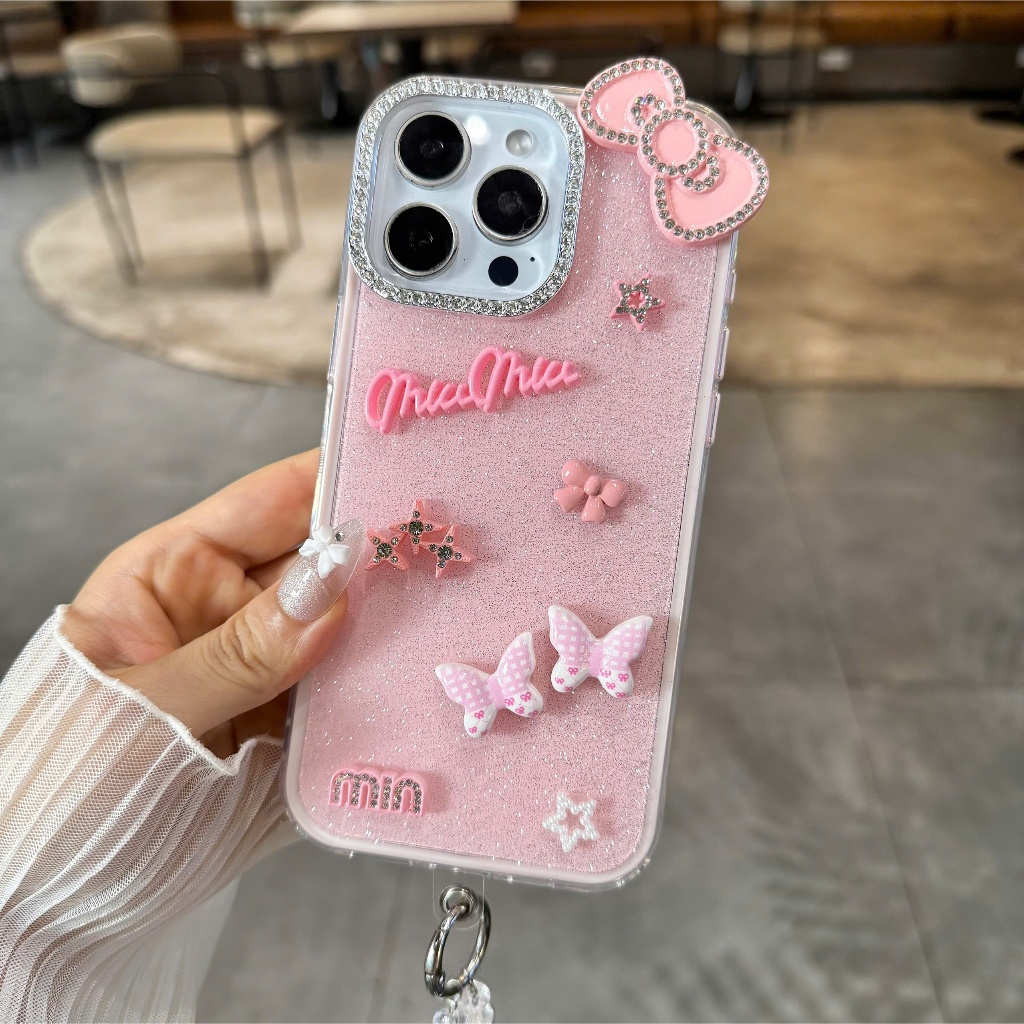 Ốp Lưng iPhone Hồng Nhũ Nơ Xinh Bling Bling