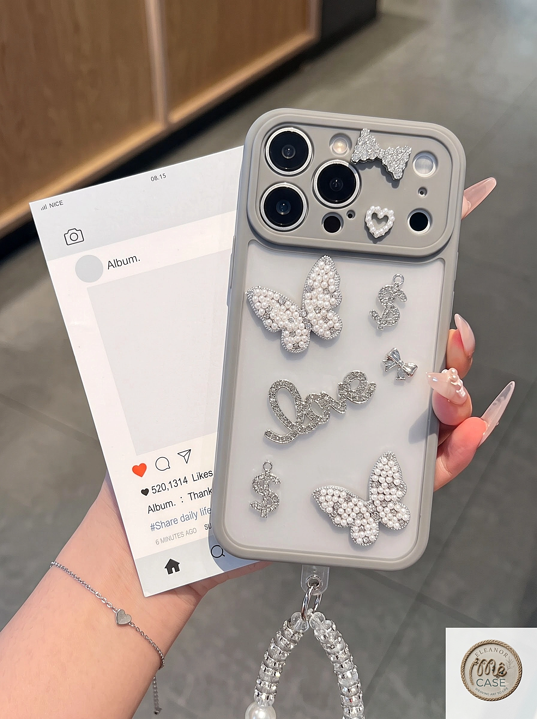 [Kèm Dây Đeo Hạt Ngọc] Ốp Lưng iPhone MÊ CASE Đính Charm Bướm Bạc Phối Đá Lấp Lánh Siêu Sang