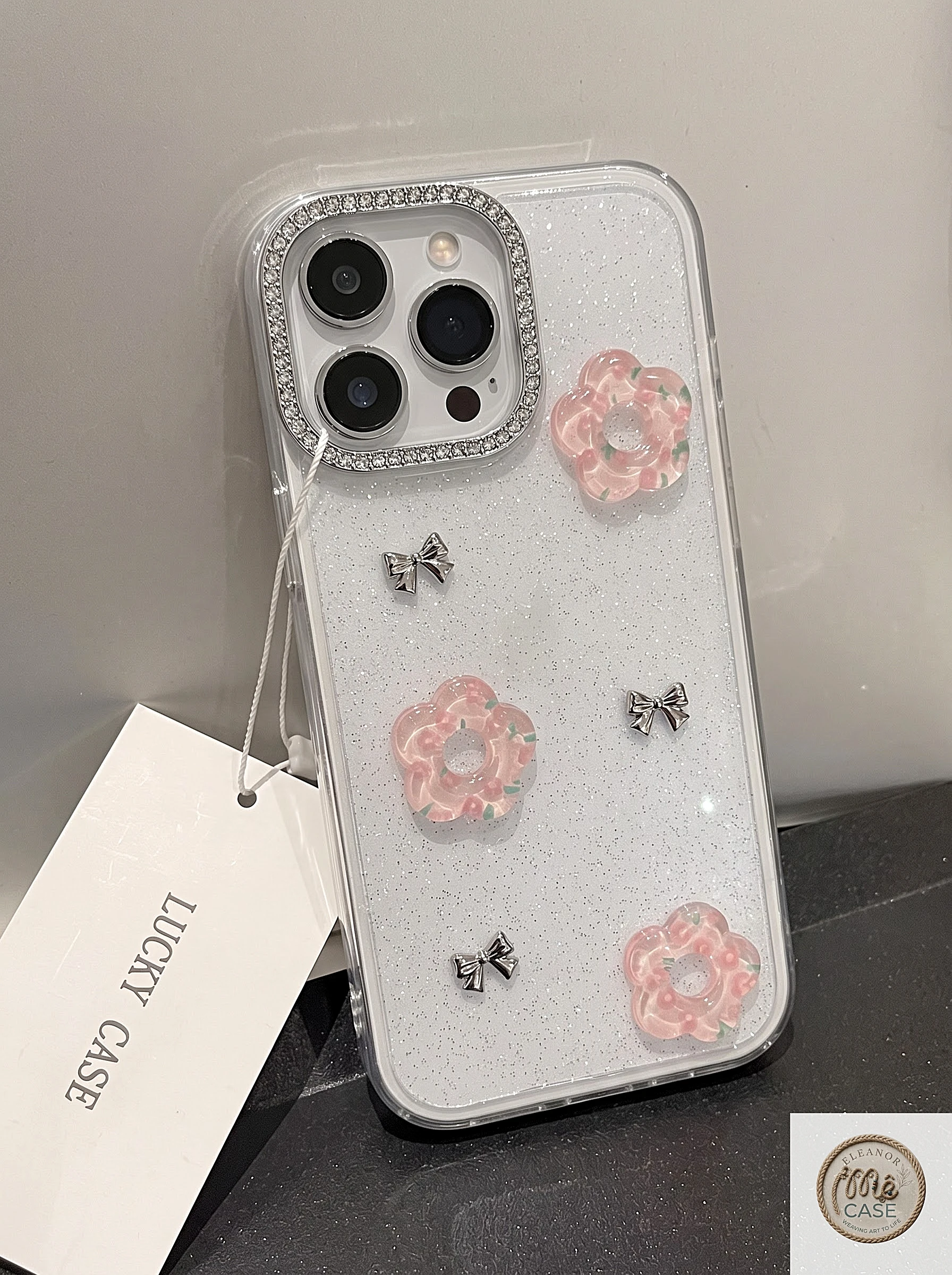 MÃ 82. Ốp Lưng Iphone Nhũ Lấp Lánh Đính Hoa Trà & Nơ Bạc Sang Trọng