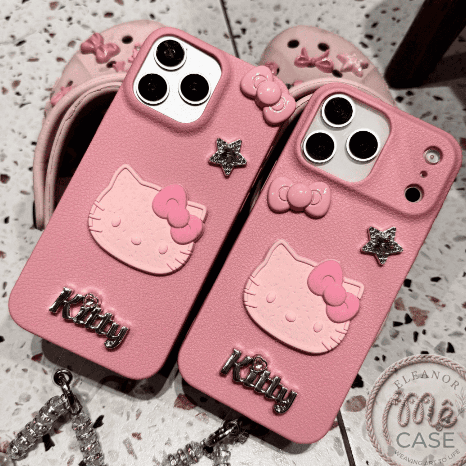 Ốp Lưng iPhone Da Vân Pink Luxury Gắn Charm