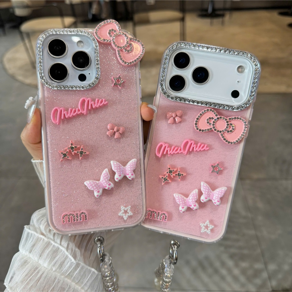 Ốp Lưng iPhone Hồng Nhũ Nơ Xinh Bling Bling