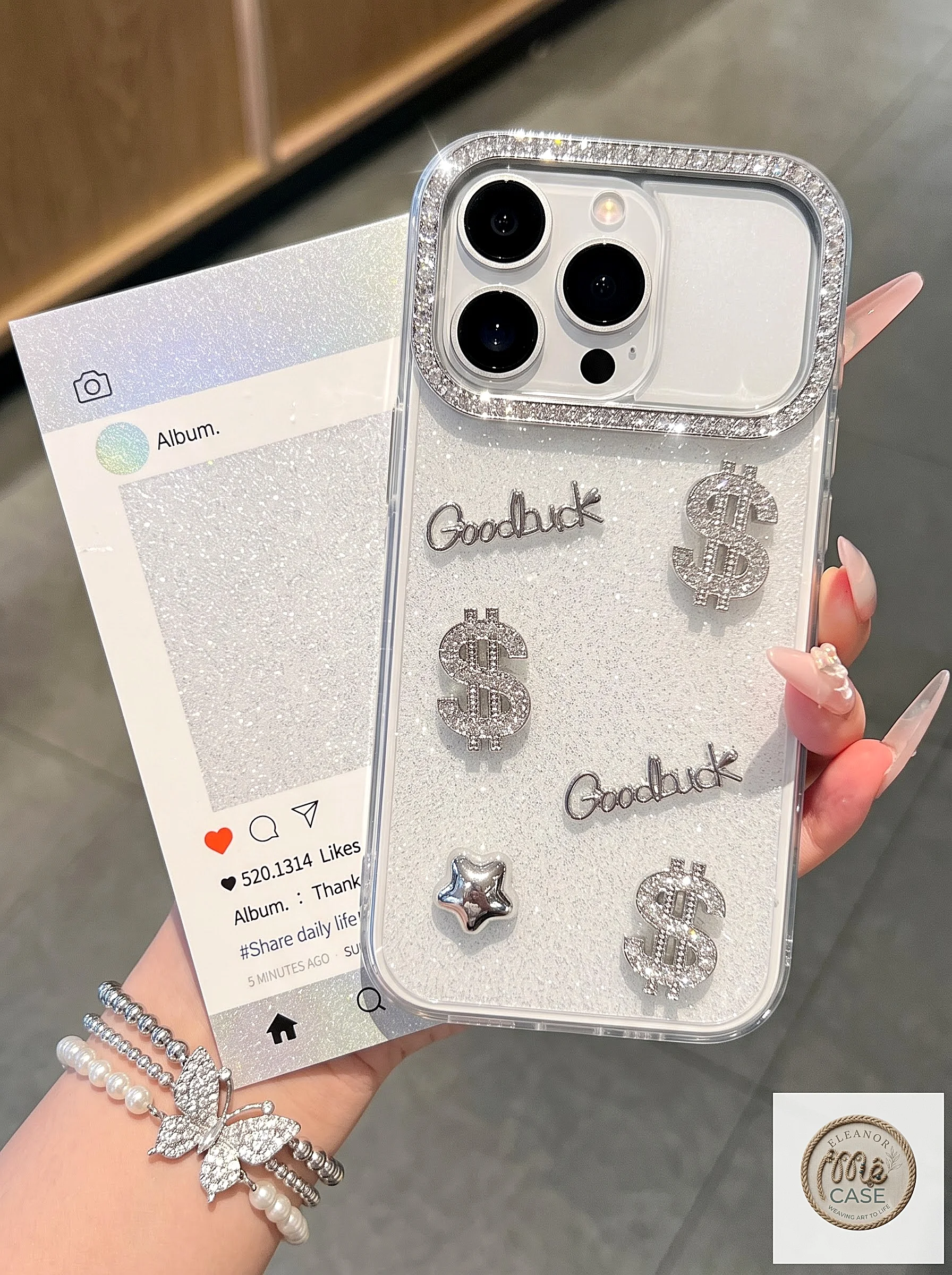 Ốp iPhone Luxury Đính Đá Kèm Dây Ngọc Trai