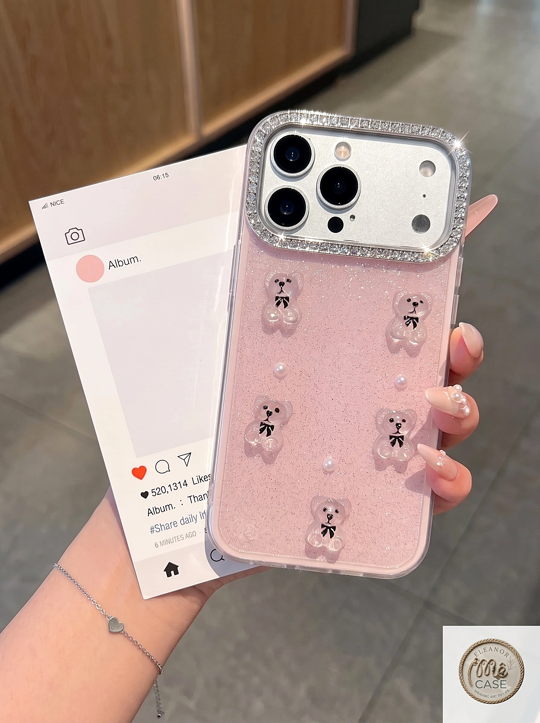 ỐP LƯNG IPHONE GẤU PHA LÊ LẤP LÁNH SIÊU CUTE PHONG CÁCH TIỂU THƯ- KÈM DÂY 🎀🐻✨