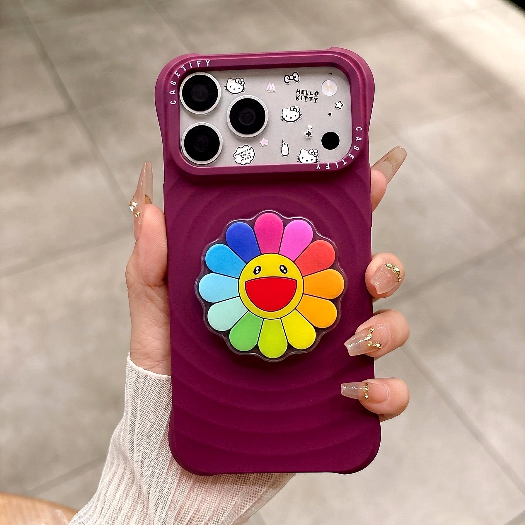 Ốp Lưng Iphone Vân Gợn Sóng Đính Charm Nổi 3D Hoa Mặt Cười Chống Sốc
