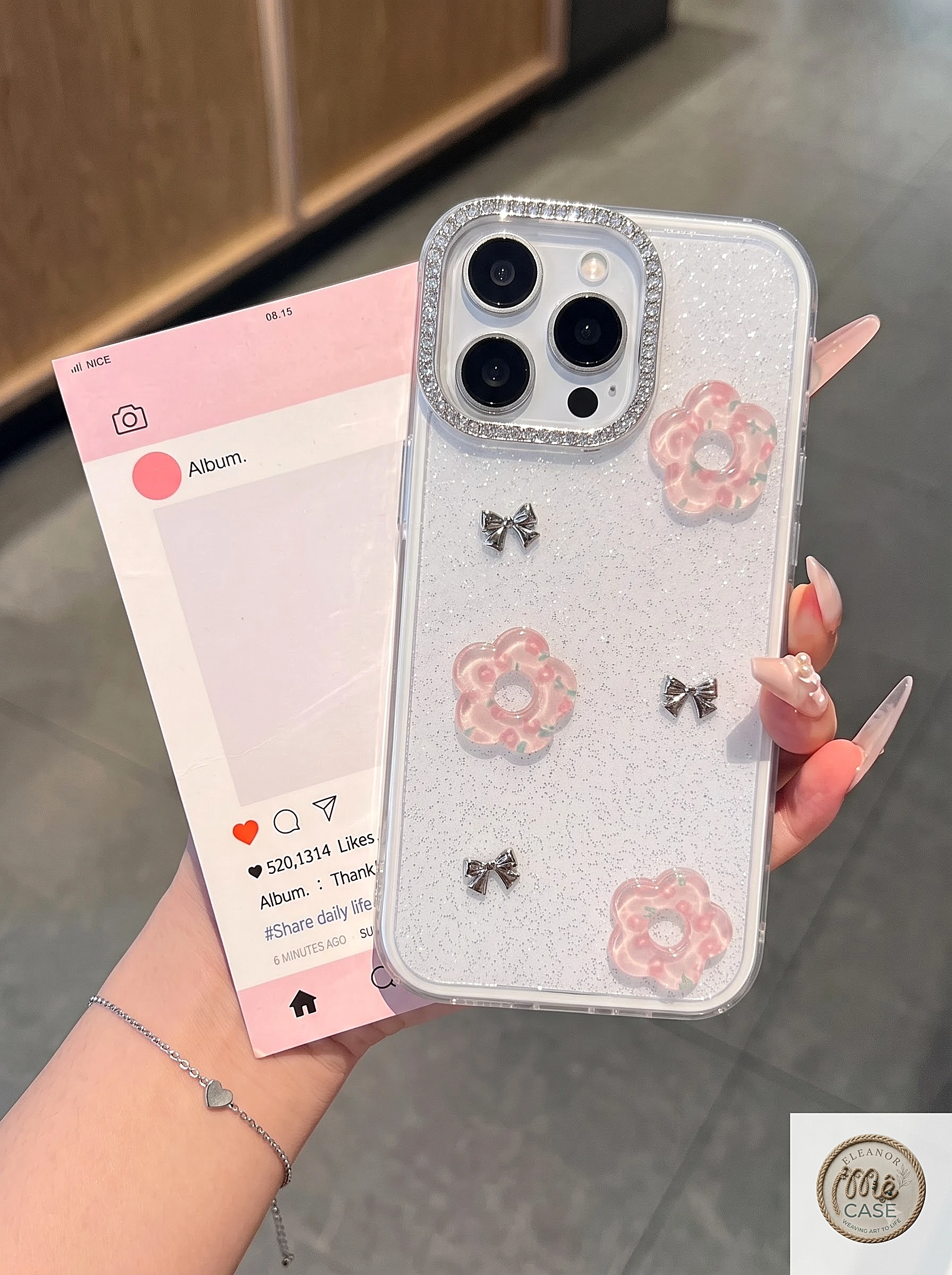 MÃ 82. Ốp Lưng Iphone Nhũ Lấp Lánh Đính Hoa Trà & Nơ Bạc Sang Trọng