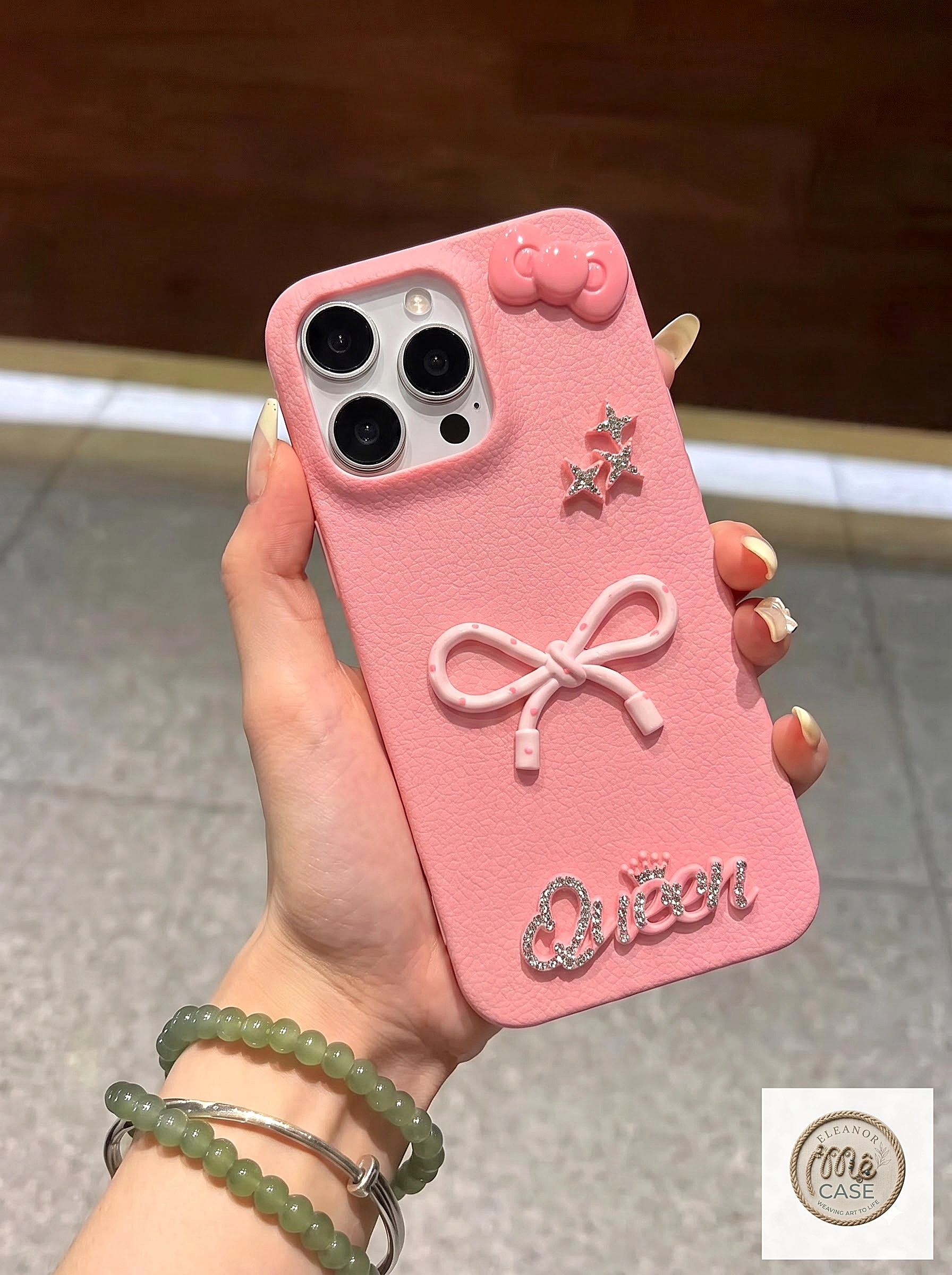 Ốp Lưng iPhone Da Vân Pink Luxury Gắn Charm