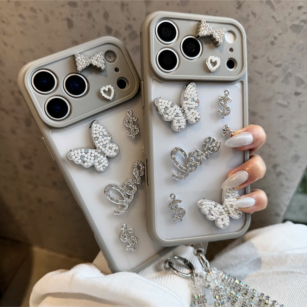 [Kèm Dây Đeo Hạt Ngọc] Ốp Lưng iPhone MÊ CASE Đính Charm Bướm Bạc Phối Đá Lấp Lánh Siêu Sang