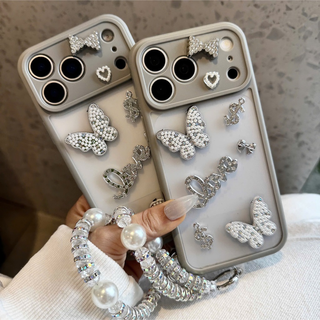 [Kèm Dây Đeo Hạt Ngọc] Ốp Lưng iPhone MÊ CASE Đính Charm Bướm Bạc Phối Đá Lấp Lánh Siêu Sang