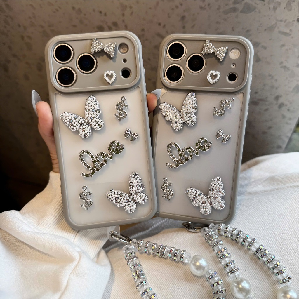 [Kèm Dây Đeo Hạt Ngọc] Ốp Lưng iPhone MÊ CASE Đính Charm Bướm Bạc Phối Đá Lấp Lánh Siêu Sang