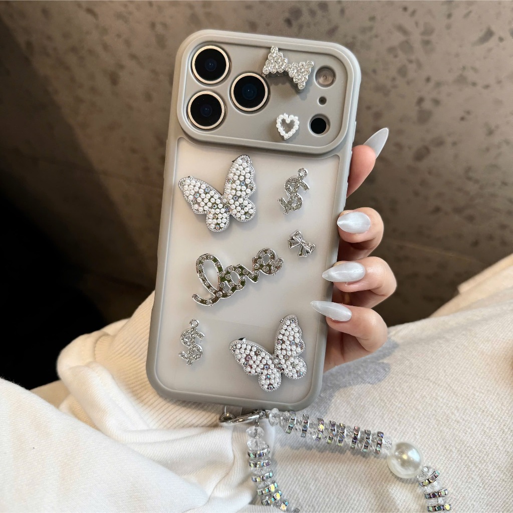 [Kèm Dây Đeo Hạt Ngọc] Ốp Lưng iPhone MÊ CASE Đính Charm Bướm Bạc Phối Đá Lấp Lánh Siêu Sang