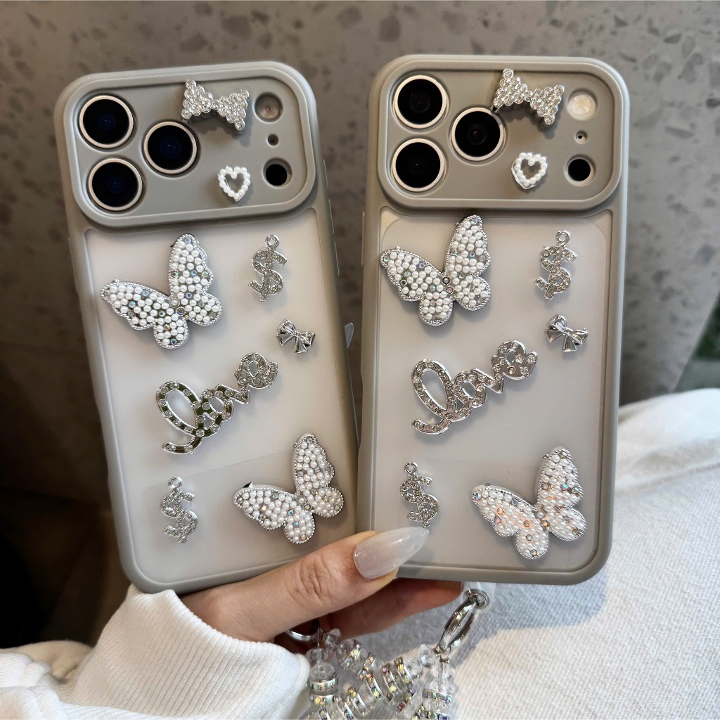 [Kèm Dây Đeo Hạt Ngọc] Ốp Lưng iPhone MÊ CASE Đính Charm Bướm Bạc Phối Đá Lấp Lánh Siêu Sang