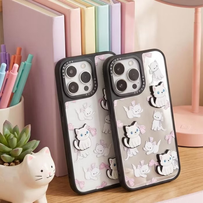 Ốp lưng iPhone tráng gương đính charm Mèo Trắng 3D nơ hồng kèm dây đeo ngọc trai