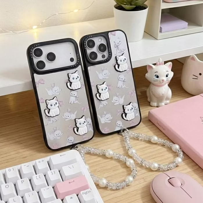 Ốp lưng iPhone tráng gương đính charm Mèo Trắng 3D nơ hồng kèm dây đeo ngọc trai