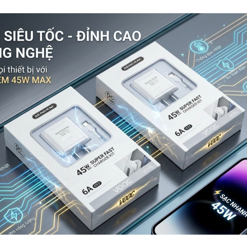 BỘ SẠC SIÊU NHANH SENDEM C17 45W Cáp Type-C