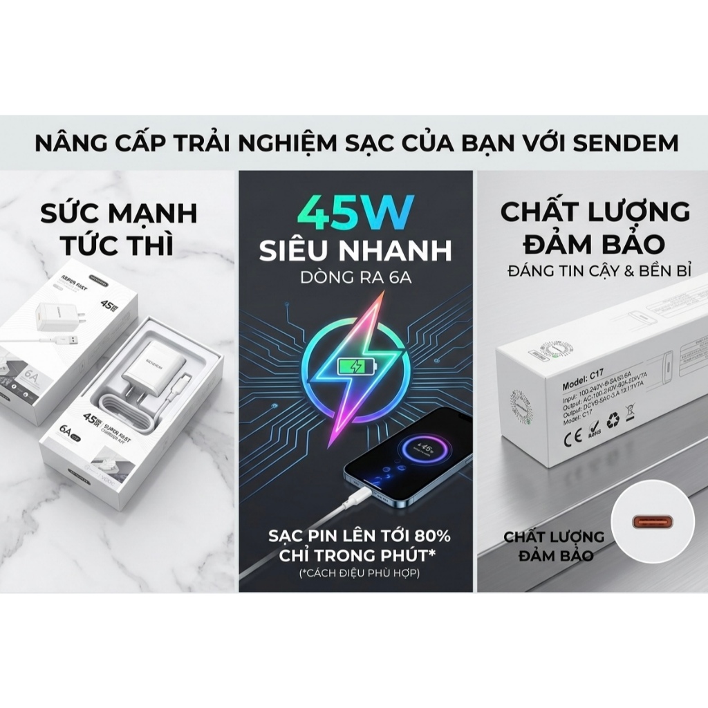 BỘ SẠC SIÊU NHANH SENDEM C17 45W Cáp Type-C