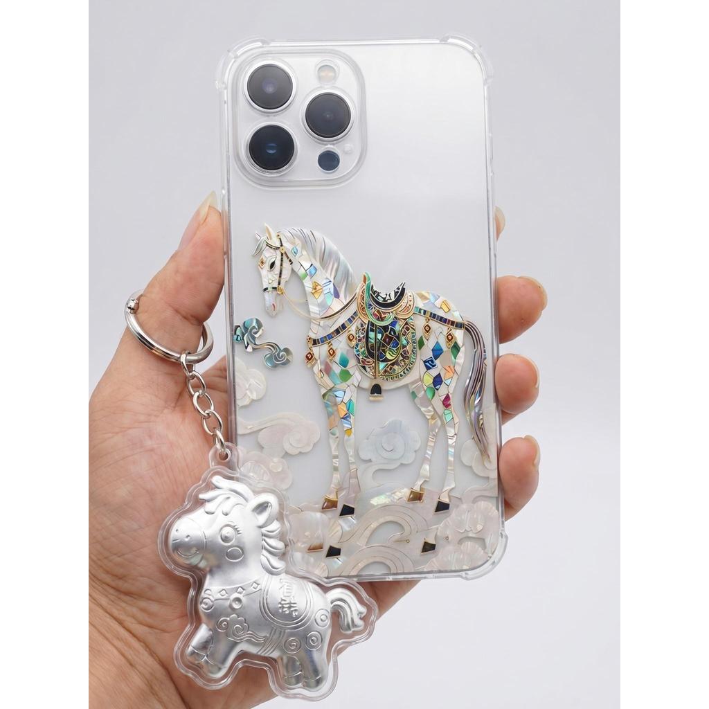 Ốp Lưng iPhone Ngựa Khảm Trai Kèm Móc Khóa Bạc Kawaii - Chống Sốc 4 Góc, Bảo Vệ Camera Toàn Diện