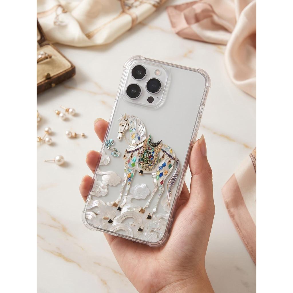 Ốp Lưng iPhone Ngựa Khảm Trai Kèm Móc Khóa Bạc Kawaii - Chống Sốc 4 Góc, Bảo Vệ Camera Toàn Diện