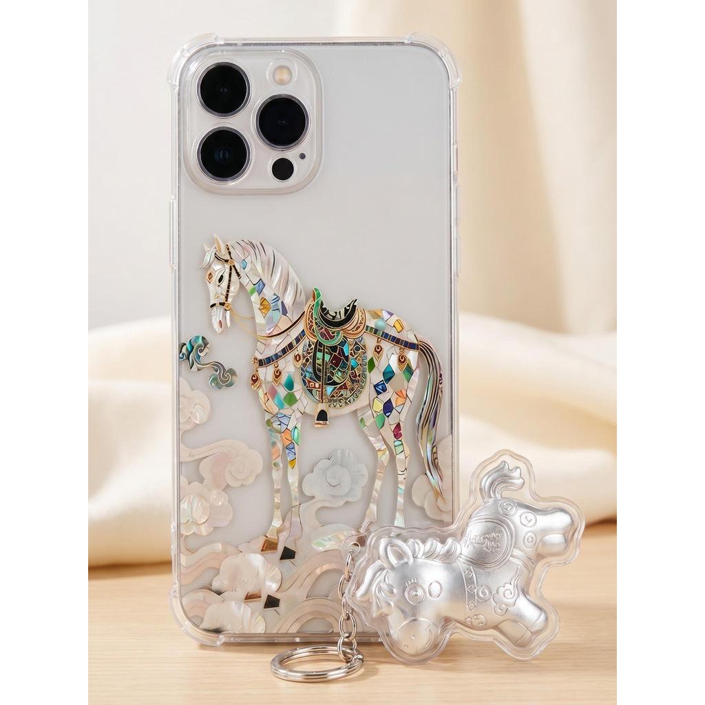 Ốp Lưng iPhone Ngựa Khảm Trai Kèm Móc Khóa Bạc Kawaii - Chống Sốc 4 Góc, Bảo Vệ Camera Toàn Diện