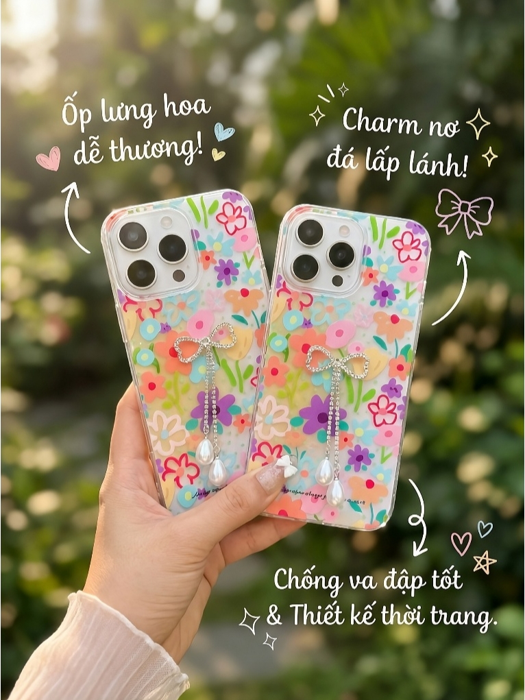 Ốp Lưng Iphone Hoa Rực Rỡ Đính Nơ Dây Ngọc
