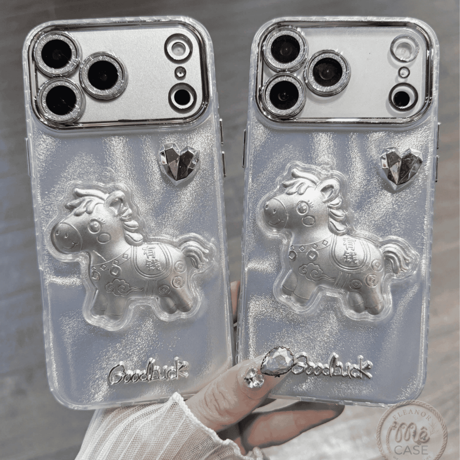 Ốp Lưng Bling Bling iPhone - Nhũ Bạc Ánh Kim, Viền Cam Nạm Đá