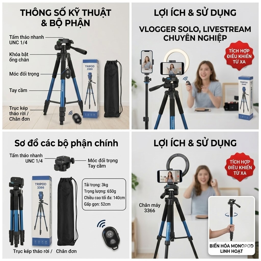 Chân Máy Ảnh, Điện Thoại Tripod 3366 Cao 1m4 Hợp Kim Nhôm - Kèm Kẹp và Remote Chụp Từ Xa