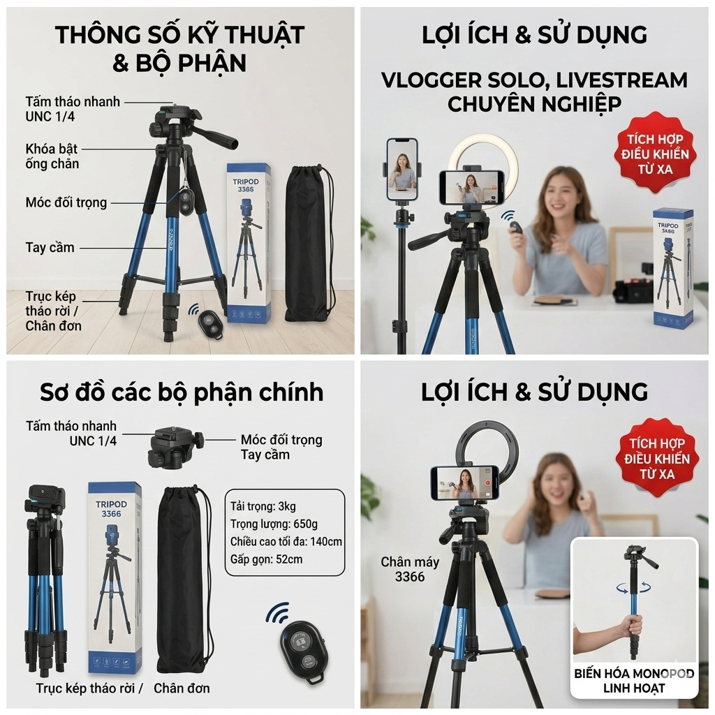 Chân Máy Ảnh, Điện Thoại Tripod 3366 Cao 1m4 Hợp Kim Nhôm - Kèm Kẹp và Remote Chụp Từ Xa