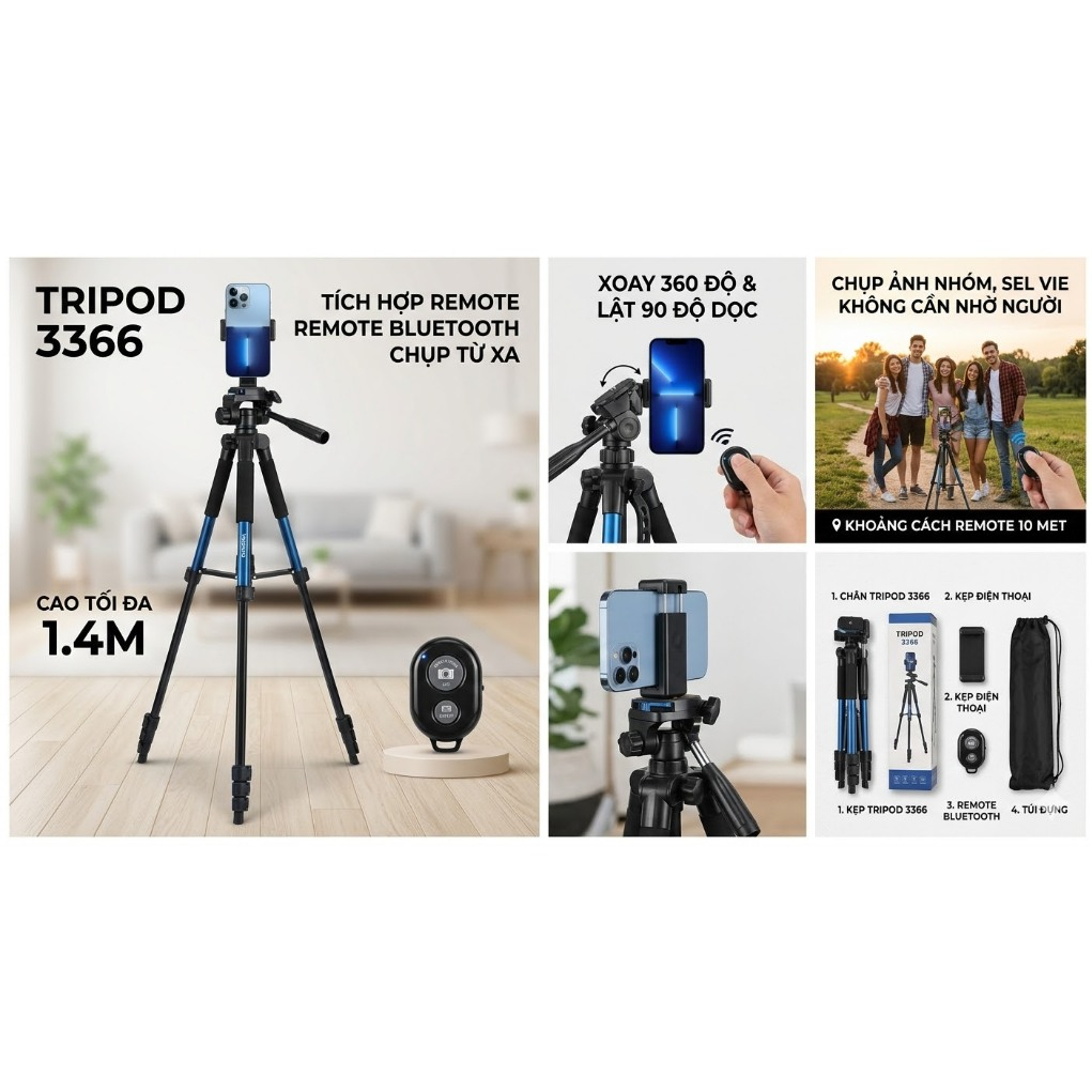 Chân Máy Ảnh, Điện Thoại Tripod 3366 Cao 1m4 Hợp Kim Nhôm - Kèm Kẹp và Remote Chụp Từ Xa