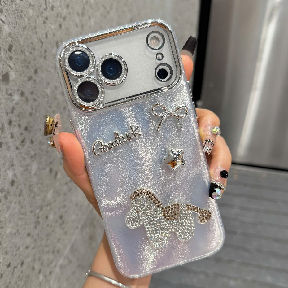 Ốp Lưng Bling Bling iPhone - Nhũ Bạc Ánh Kim, Viền Cam Nạm Đá