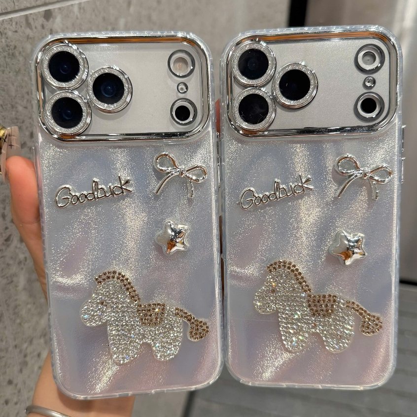 Ốp Lưng Bling Bling iPhone - Nhũ Bạc Ánh Kim, Viền Cam Nạm Đá